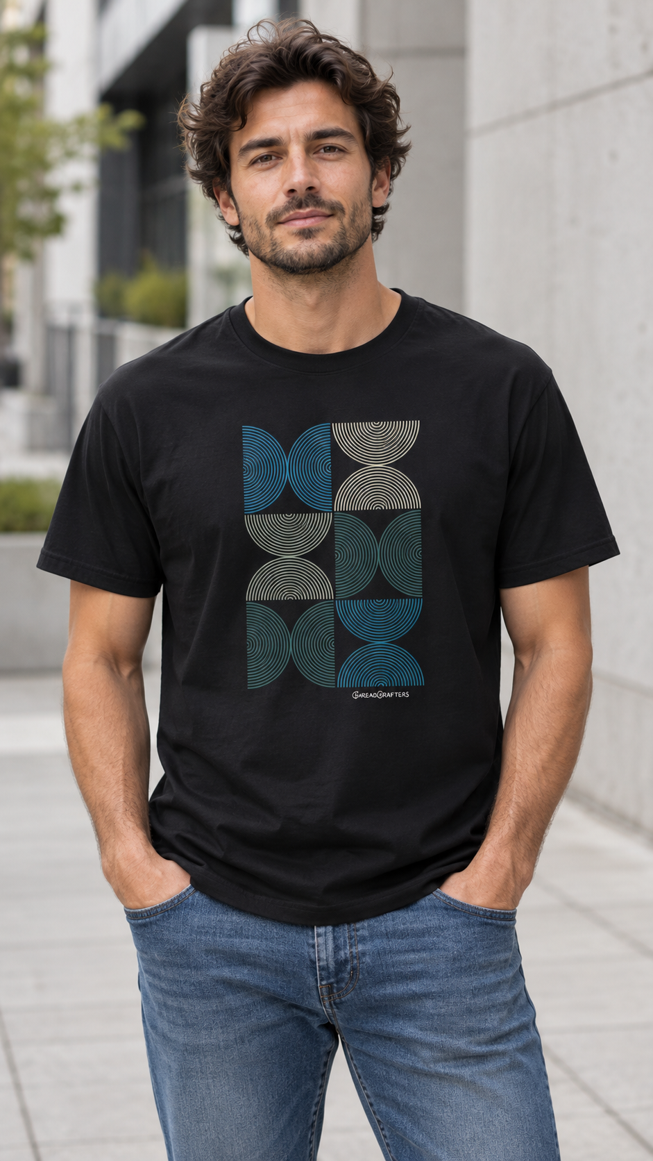Generated adult model wearing an Echoes concept tee for social video production.