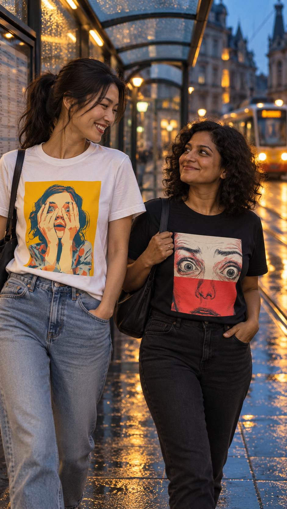 Generated editorial concept, two women in TCF7 and TCF6 at a city tram stop