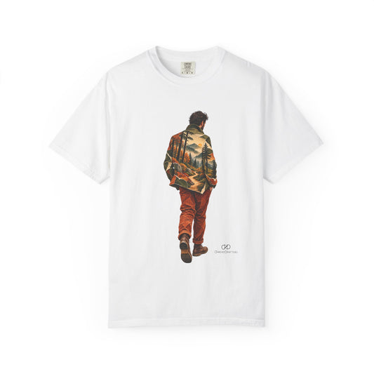 Trail Within by ThreadCrafters — a traveller silhouette filled with a forest landscape, front graphic T-shirt