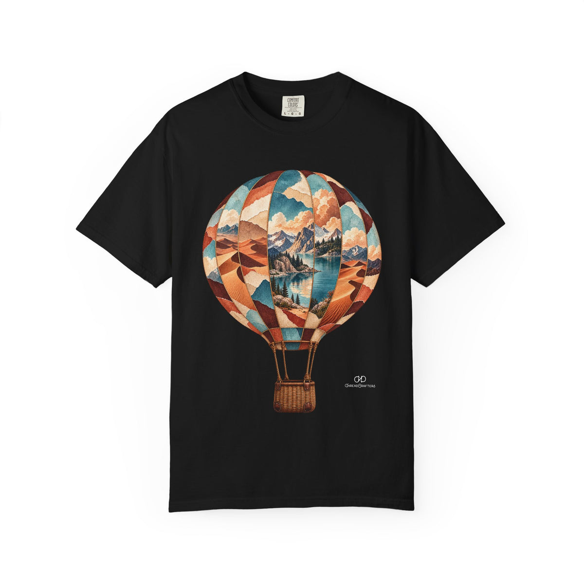 Far Horizons by ThreadCrafters — a hot-air balloon filled with mountain, lake and desert scenes, product image