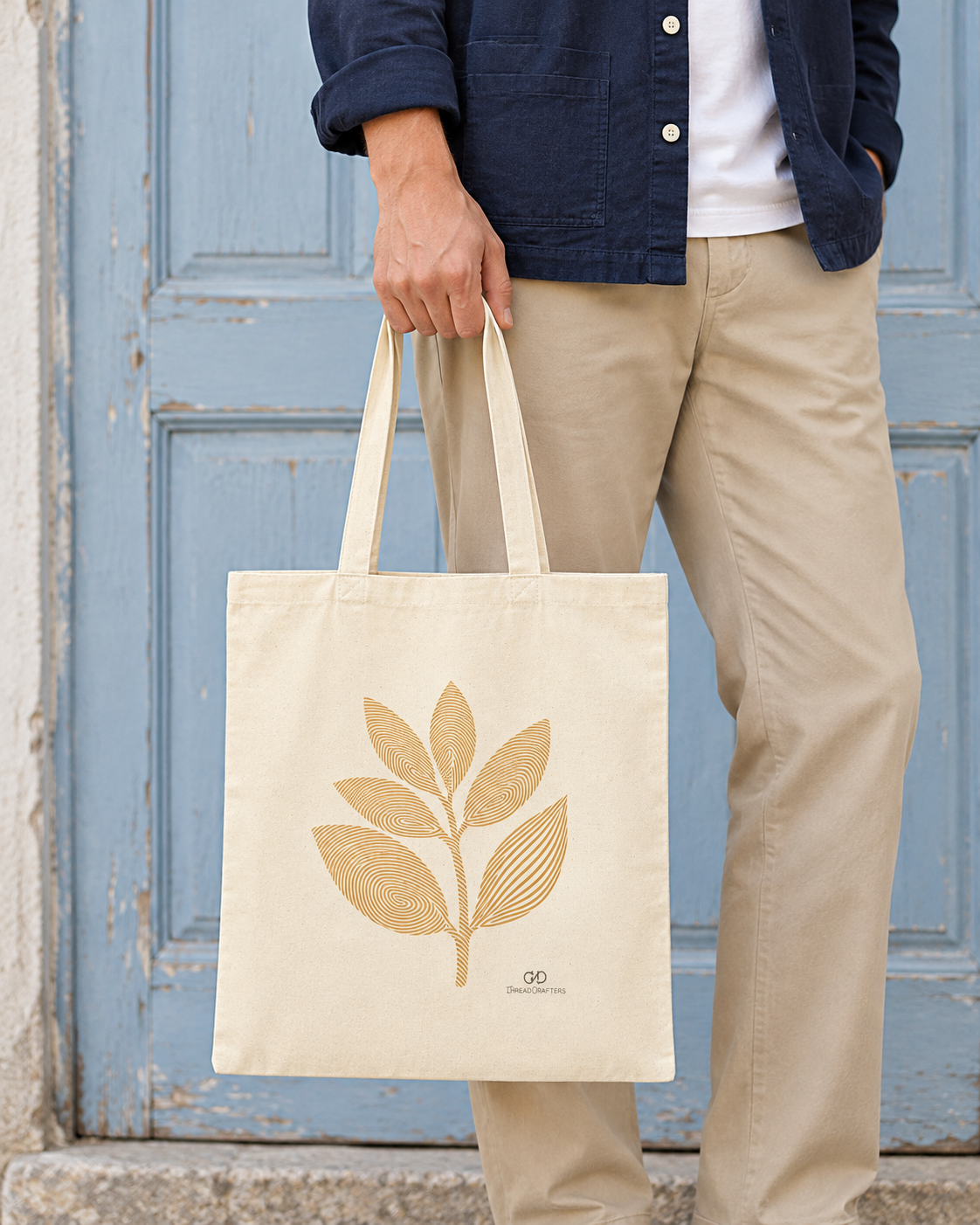 AI lifestyle mockup: natural canvas Imprint tote carried by hand, showing the gold fingerprint leaf print.